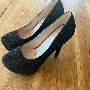 Traffic Black Satin and Rhinestone Platform Stilletto Heels, Size 8